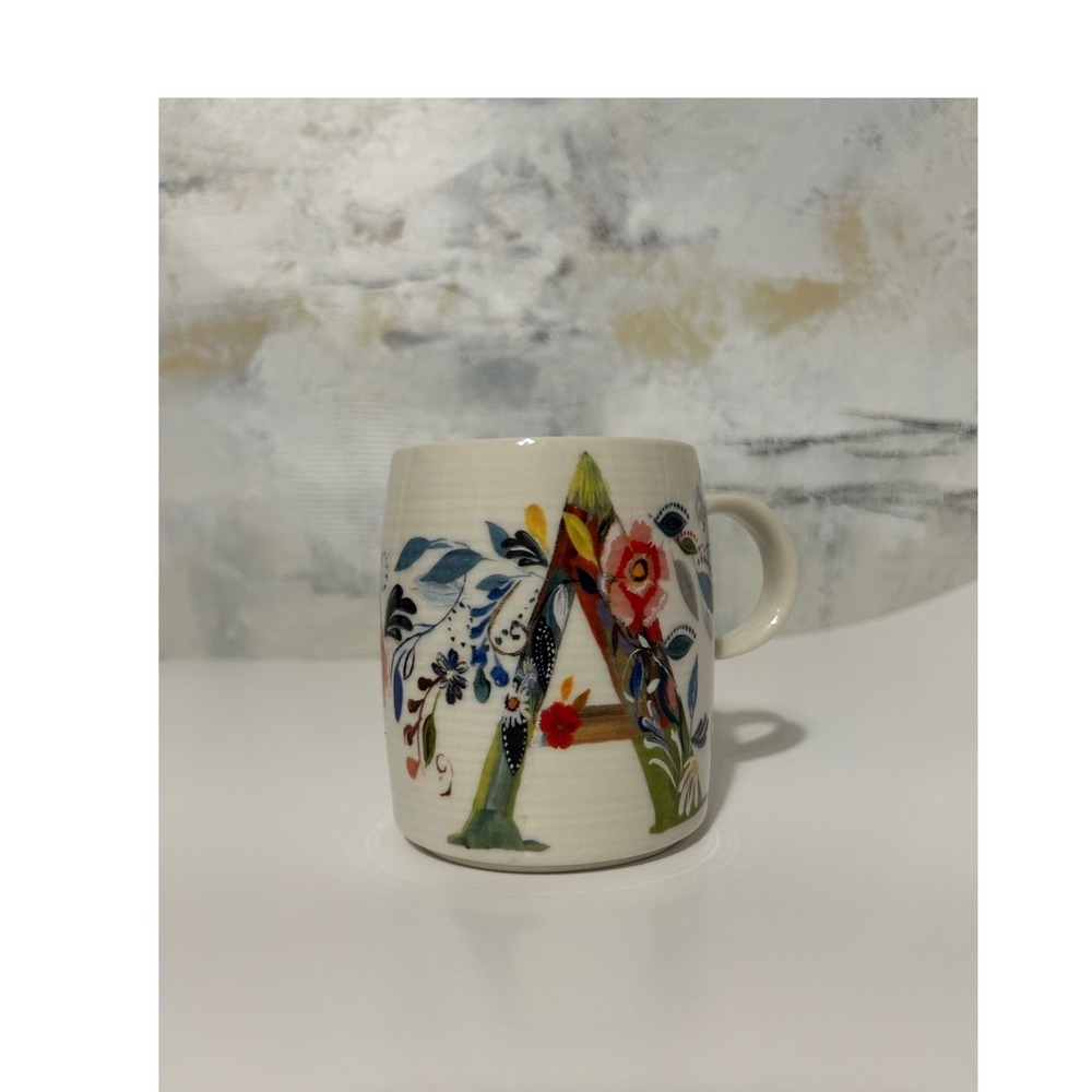 Anthropologie Starla M Halfmann Monogram A Floral Coffee Mug Cream Stoneware Cup